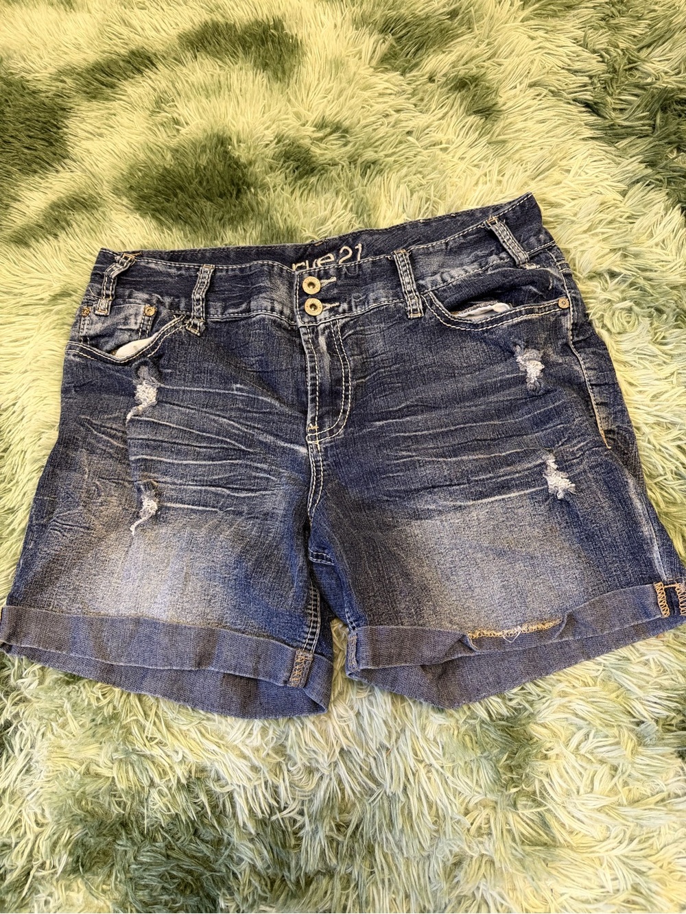 Rue21 Distressed Dark Blue Denim Roll-Cuff Shorts